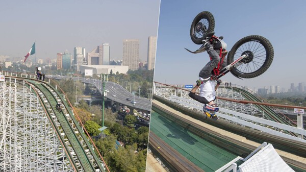 French Rider Rides Motorcycle on Chapultepec Roller Coaster